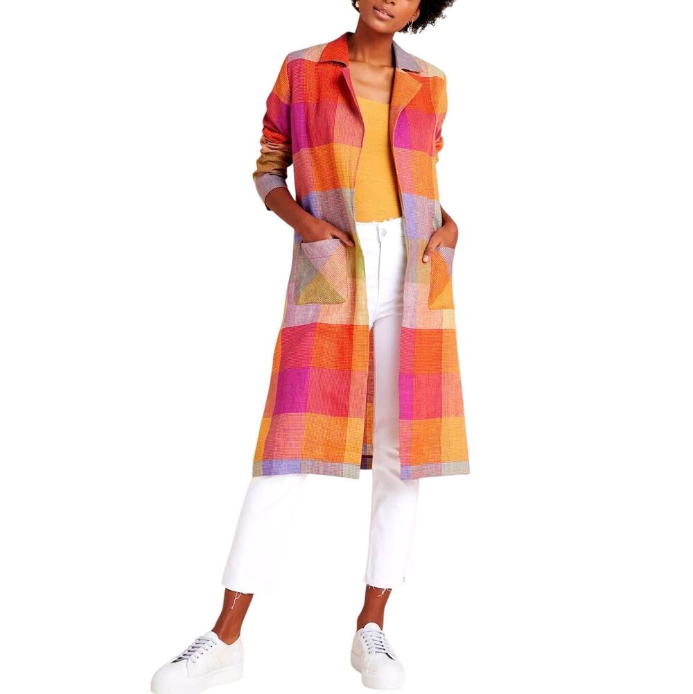 Anthropologie dRA Sierra Linen Open Front Duster Jacket Colorful Gingham Plaid M